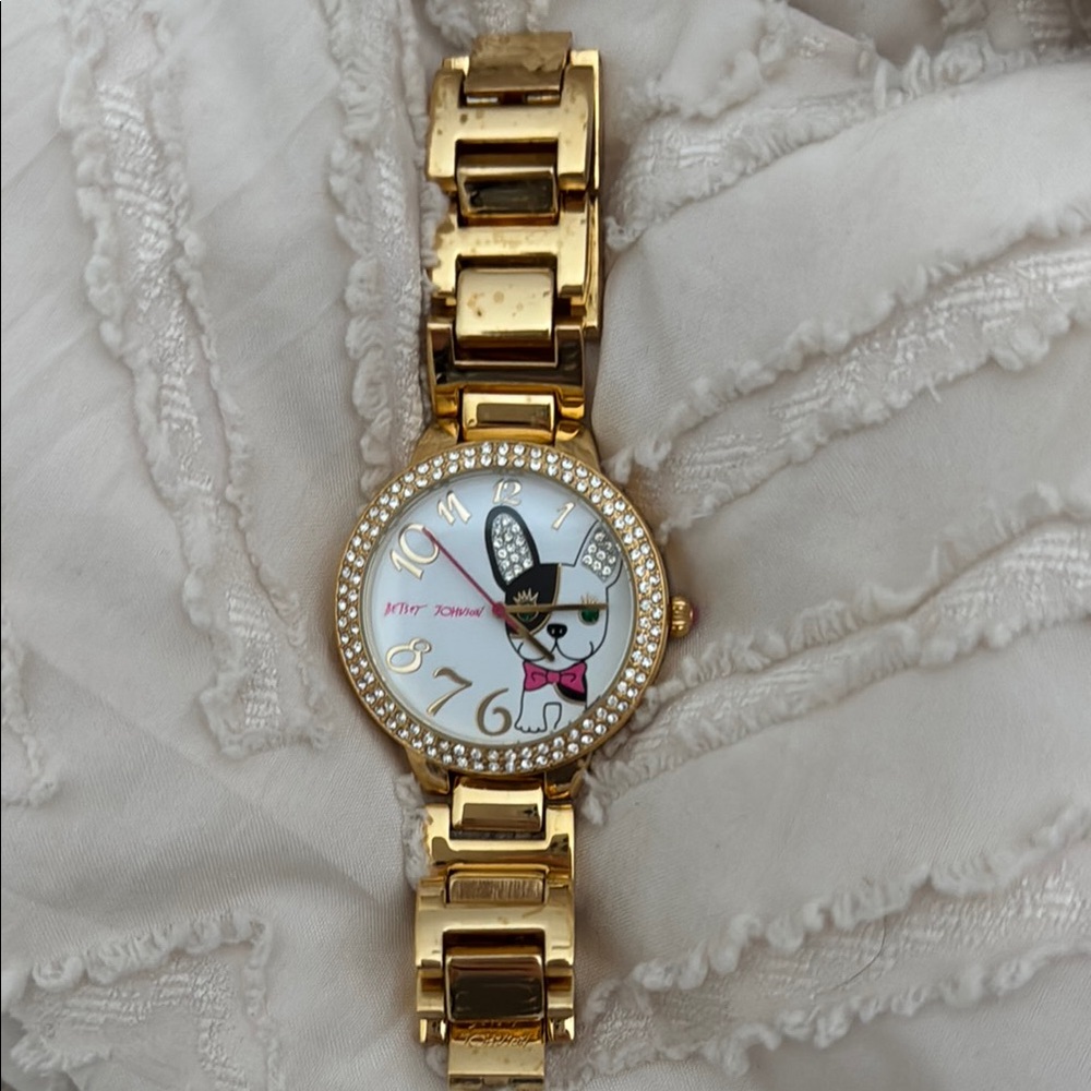 Betsey Johnson Gold and White Watch with Unique Design and Sparkling Bezel